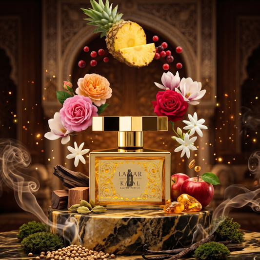 The Kajal Lamar 100ml EDP perfume bottle rests on marble, encircled by floating fruits, flowers, and spices. Aromatic wisps set an opulent mood for this fruity floral scent from Kajal against a richly ornate backdrop.