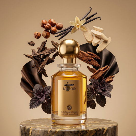 The Allure Body Oud 100ml EDP by Abdul Samad Al Qurashi rests on marble, surrounded by floating vanilla beans, wood, hazelnuts, and basil leaves—a luxurious fragrance set against a warm beige background.