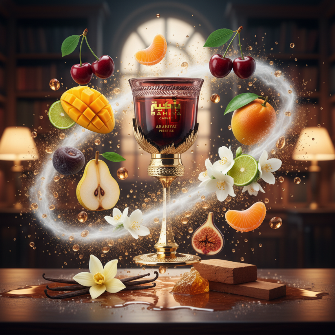 Bahiya Garnet 100ml EDP by Arabiyat Prestige—a luxurious dark perfume with notes of mango, cherry, and fig—evokes opulent fruitiness against a refined, blurred library backdrop.