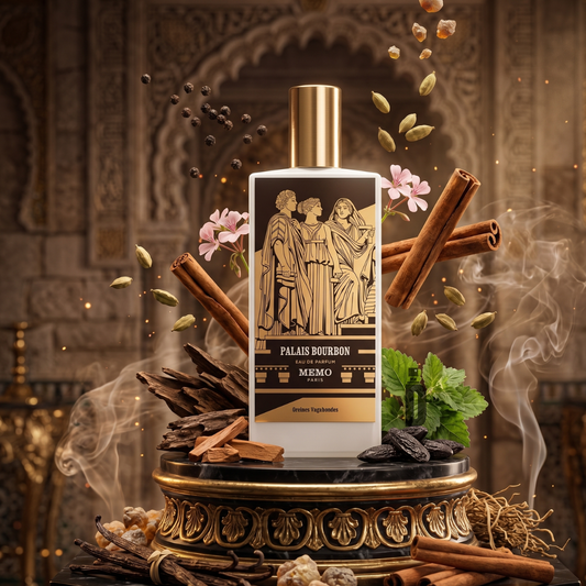 A 75ml bottle of Palais Bourbon EDP by Memo Paris rests on an ornate pedestal amid spices and flowers, set against a luxurious backdrop, capturing the smoky woods and woody-oriental allure of this fragrance.