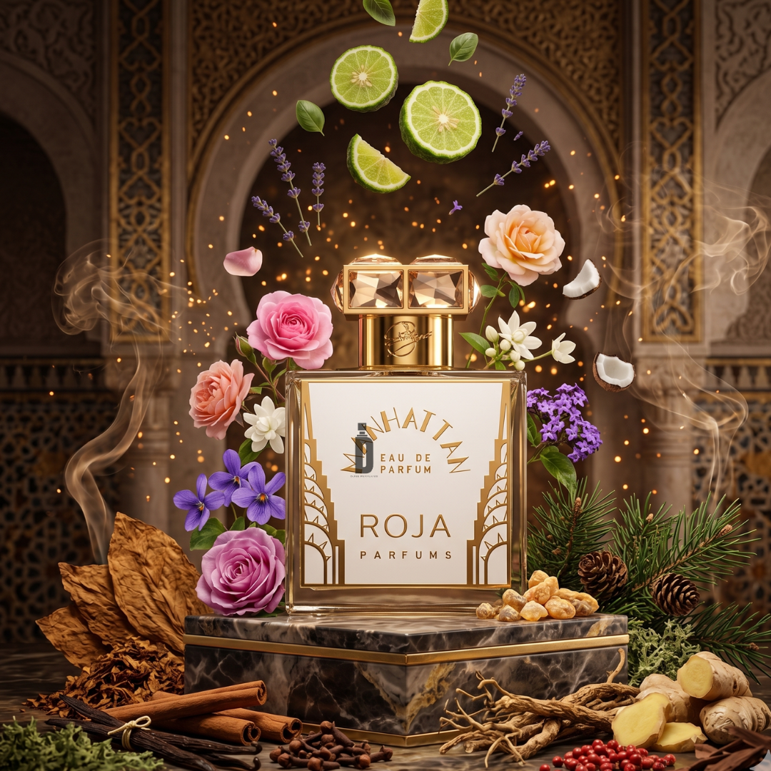 The Manhattan 100ml EDP by Roja Parfums rests on marble among flowers, spices, citrus, and botanicals in an ornate room—an elegant scene highlighting this sophisticated, long-lasting fragrance.