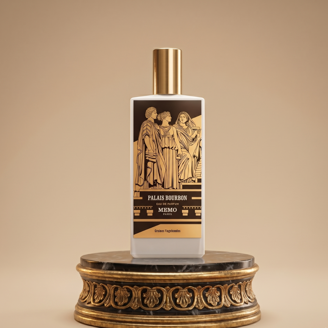 The Palais Bourbon 75ml EDP by Memo Paris, with gold classical designs on the bottle, stands elegantly on a round pedestal against a beige background, reflecting its refined woody-oriental and smoky woods allure.