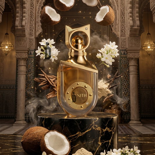 The Zenith 100ml Extrait De Parfum by Riiffs features a luxurious gold bottle atop marble, blending white florals, coconut, cinnamon, and vanilla for a long-lasting scent—perfect in an ornate setting with intricate arches.