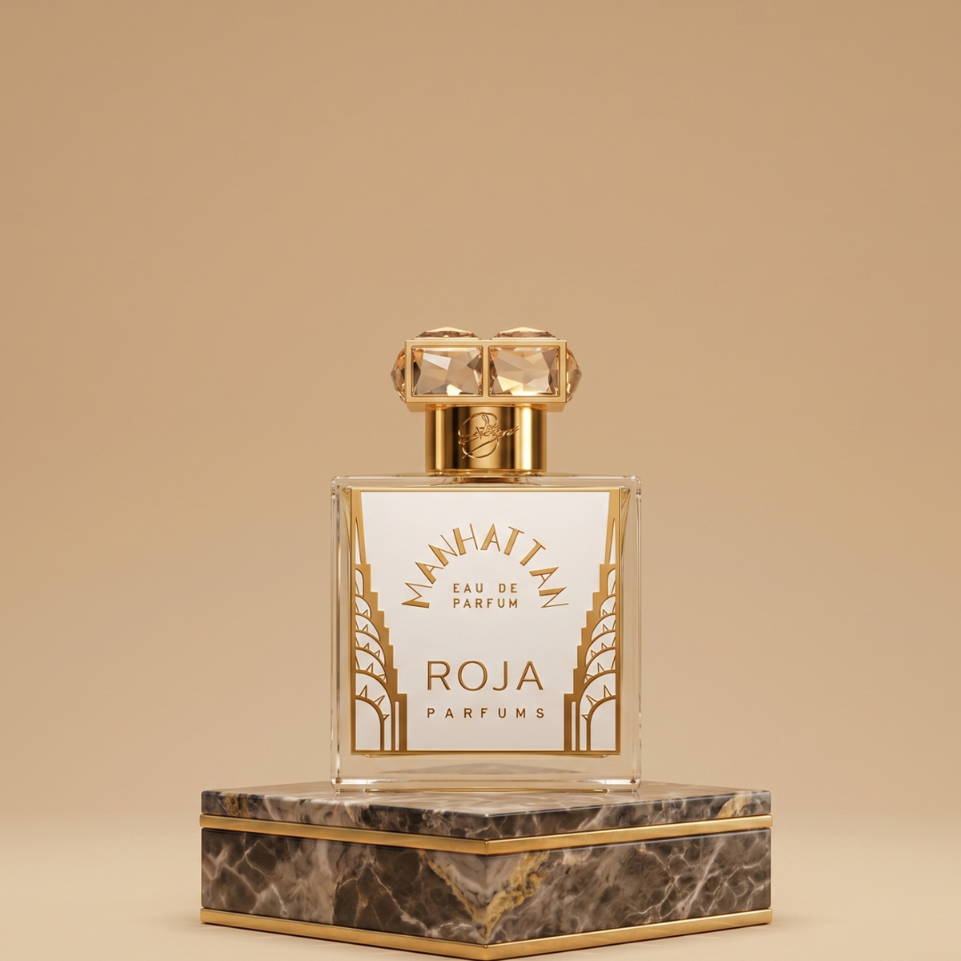 A luxurious bottle of Manhattan 100ml EDP by Roja Parfums with a faceted gold cap and art deco-inspired design sits on marble, its gold accents and elegant packaging reflecting the sophistication of this long-lasting fragrance.