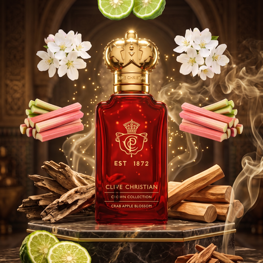 The Crab Apple Blossom 50ml by Clive Christian stands in a red bottle, surrounded by notes of crab apple blossom, rhubarb, citrus, and wood against an ornate background with wisps of airy fragrance.