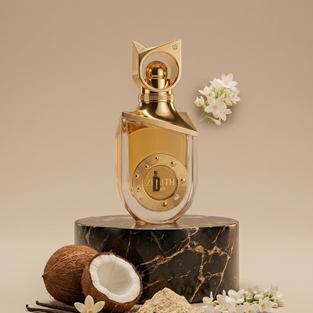The Zenith 100ml Extrait De Parfum by Riiffs features a gold and glass bottle with an ornate cap on black marble, surrounded by white flowers, coconut, and powder—a long-lasting floral scent set against a beige backdrop.