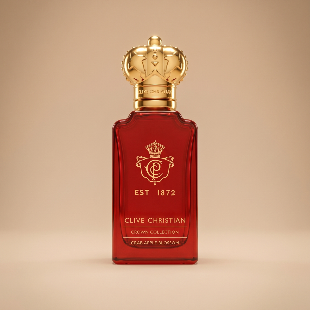 The Clive Christian Crab Apple Blossom 50ml perfume stands upright on a neutral beige background, featuring a red bottle with a gold crown-shaped cap and embossed details. This scent offers a fresh, airy fragrance experience.