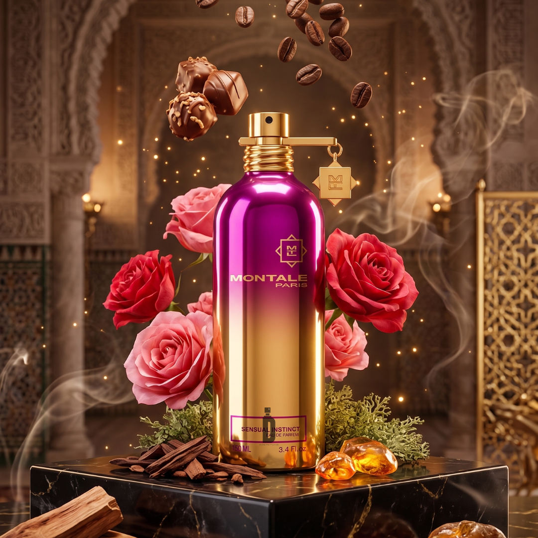The Sensual Instinct 100ml EDP by Montale features a gold and purple bottle surrounded by roses, coffee beans, chocolates, amber, and cinnamon sticks—highlighting its rich gourmand fragrance.
