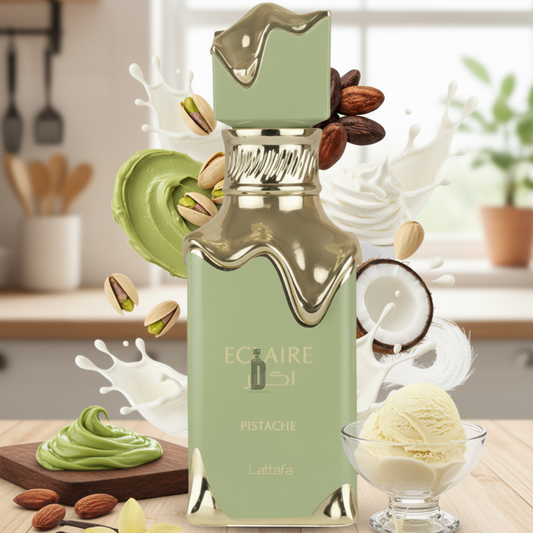 A pistachio-green "Eclaire Pistache 100ml EDP" by Lattafa sits on a wooden counter, surrounded by milk, almonds, coconut, and pistachio cream—evoking a creamy vanilla and decadent pistachio fragrance.