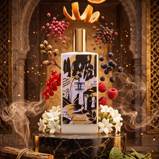 A bottle of Memo Paris Ithaque 75ml EDP rests on marble, encircled by berries, flowers, spices, and citrus peels. Aromatic mist swirls around the vibrant citrus scent, golden arches, and ornate decor in this luxurious Memo Paris scene.