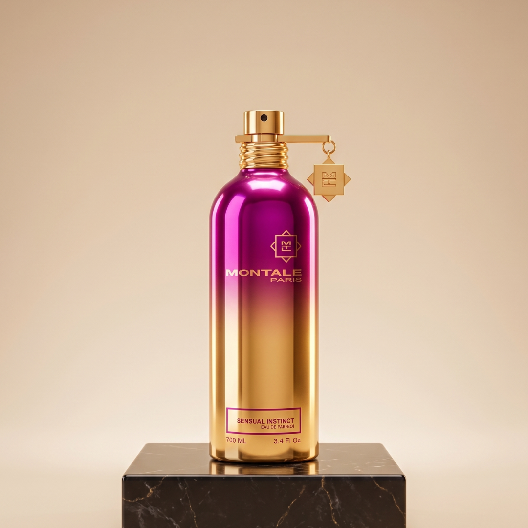 A metallic pink and gold Montale Sensual Instinct 100ml EDP perfume stands upright on a black marble platform against a beige background.
