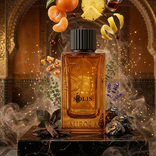 The Solis 100ml EDP by Aurora Scents is an ornate amber bottle surrounded by lavender, thyme, citrus, cinnamon, coffee beans, and dark resin—capturing a bright, energetic citrus aromatic fragrance.