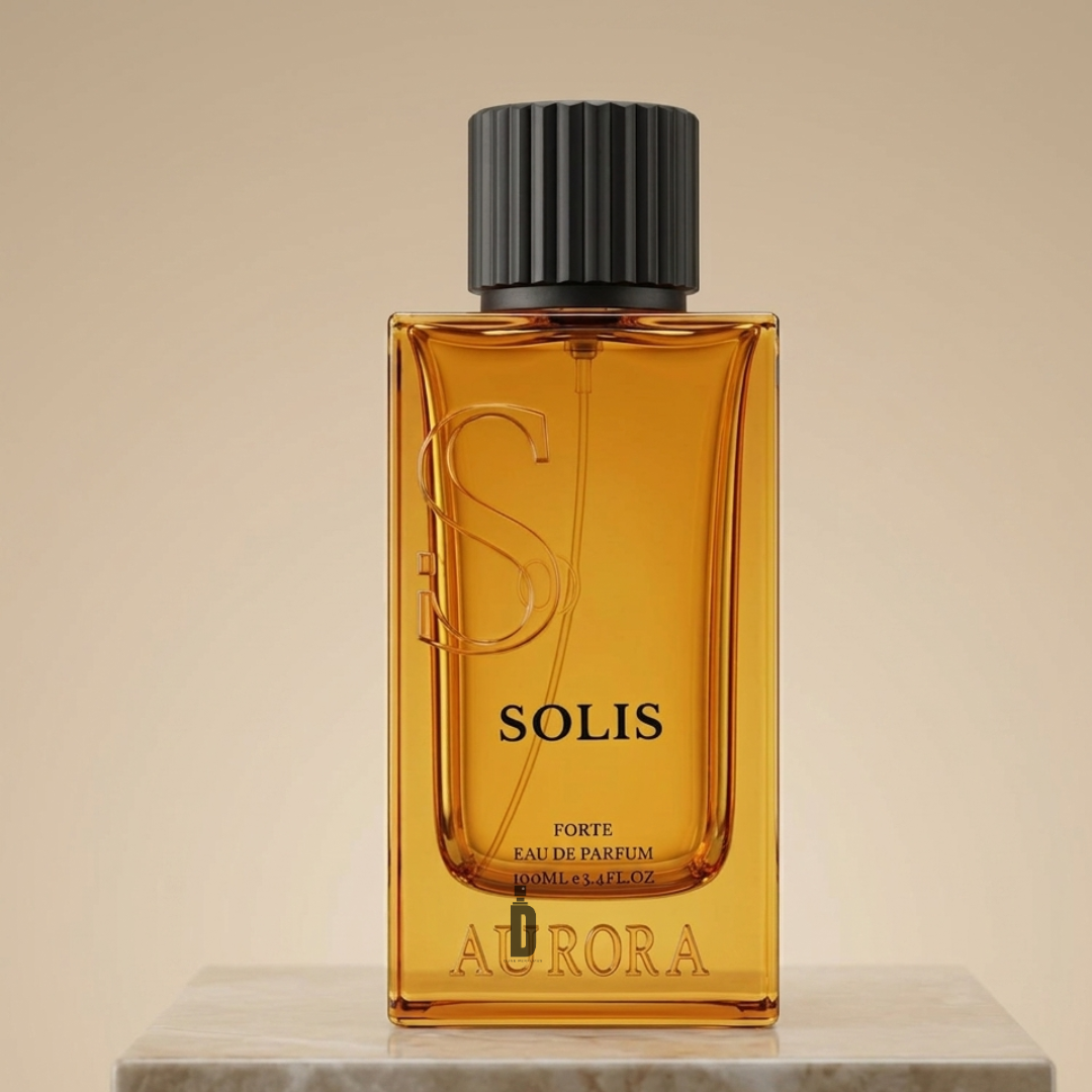A rectangular amber glass bottle labeled "Solis 100ml EDP - Aurora Scents" with a black cap rests on marble. Embossed and gold text reflect its vibrant fragrance, set before a soft beige gradient. Brand: Aurora Scents.