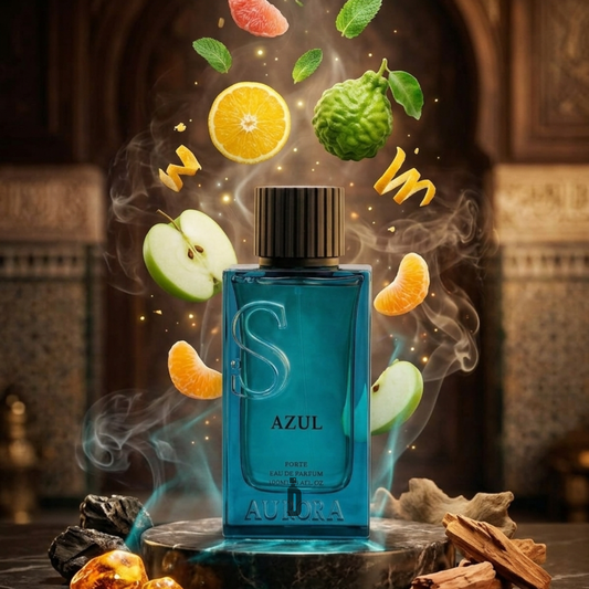 At the center, a blue Azul 100ml EDP by Aurora Scents is surrounded by floating orange, bergamot, green apple, and mandarin slices with swirling aromatic spices—a luxurious display of fresh fragrance.