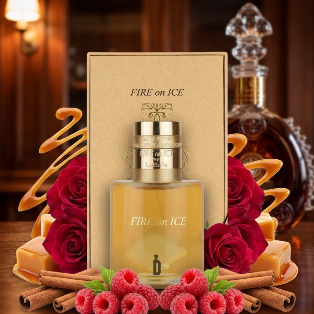 Fire On Ice 100ml EDP by Lattafa is displayed before its box, surrounded by red roses, caramel pieces, cinnamon sticks, and raspberries—a sophisticated fragrance from Lattafa set against a blurred decanter backdrop.