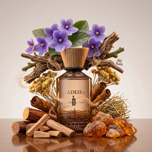 The Madeira 100ml EDP by Arabian Oud is showcased with purple flowers, yellow blossoms, wood, cinnamon, dried herbs, and amber resin on a reflective wooden surface, highlighting its woody-oriental fragrance.