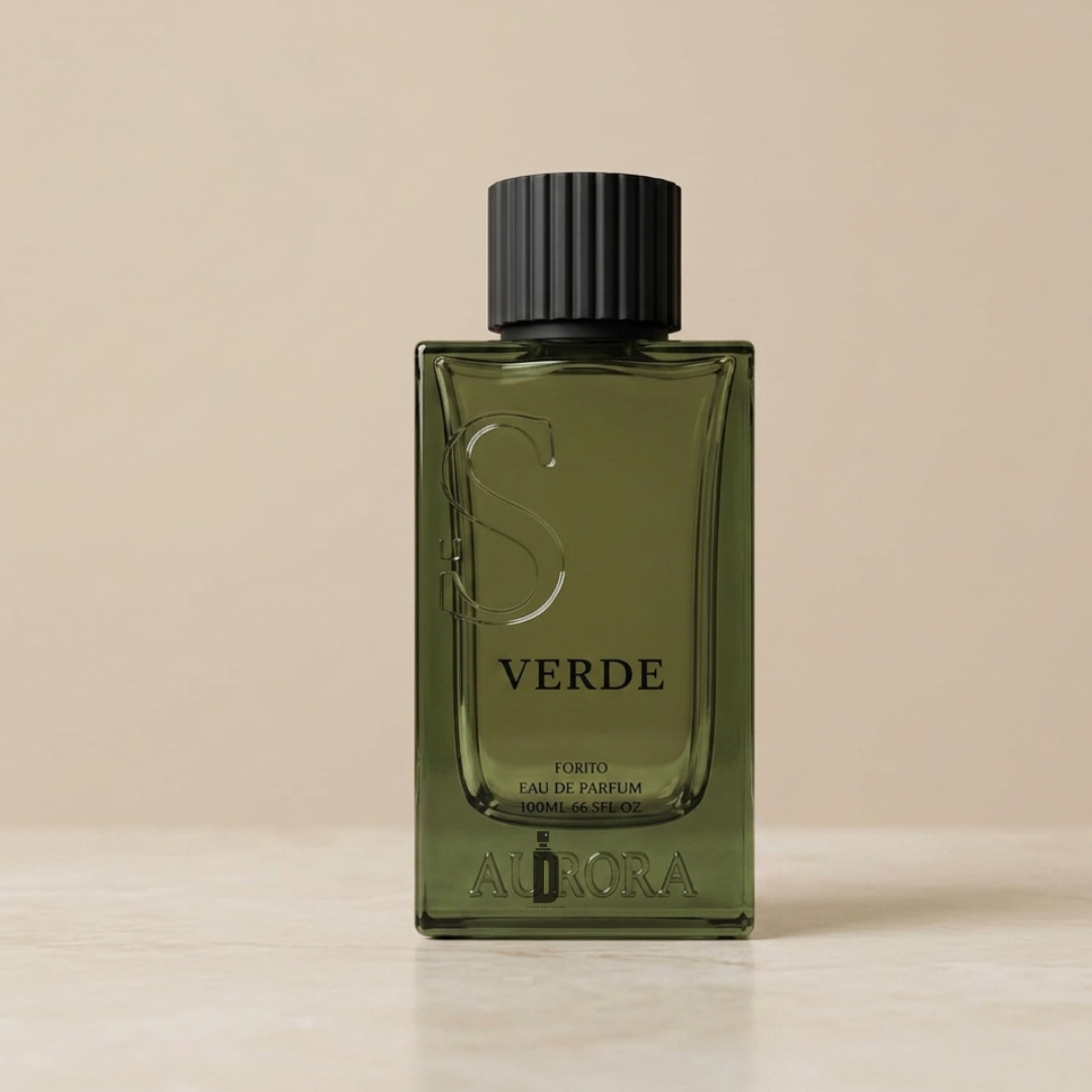 A green glass bottle labeled "Verde 100ml EDP - Aurora Scents" by Aurora Scents sits on a plain beige background—perfect for those who love earthy or green fragrances.