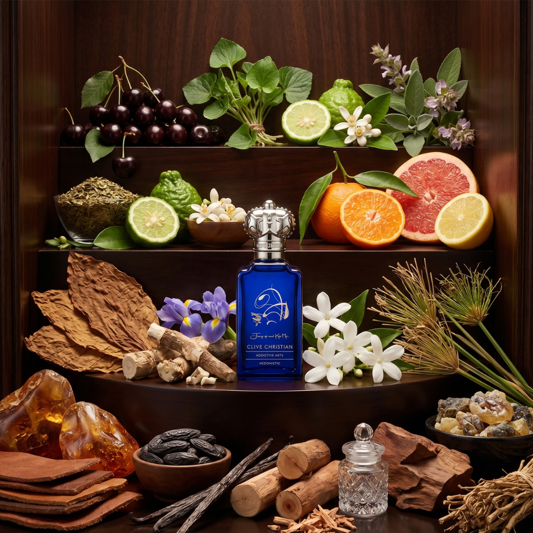 A bottle of Jump Up And Kiss Me Hedonistic 50ml EDP by Clive Christian rests on a wooden shelf, surrounded by citrus fruits, herbs, tobacco leaves, and glass jars—reflecting its luxurious fragrance and natural ingredients.