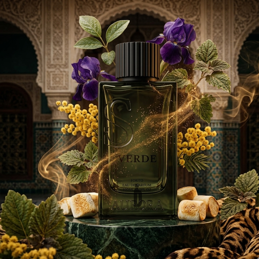 A green bottle of "Verde 100ml EDP" by Aurora Scents stands amid vibrant yellow and purple flowers, lush leaves, and dried botanicals—an earthy, long-lasting fragrance inspired by nature.