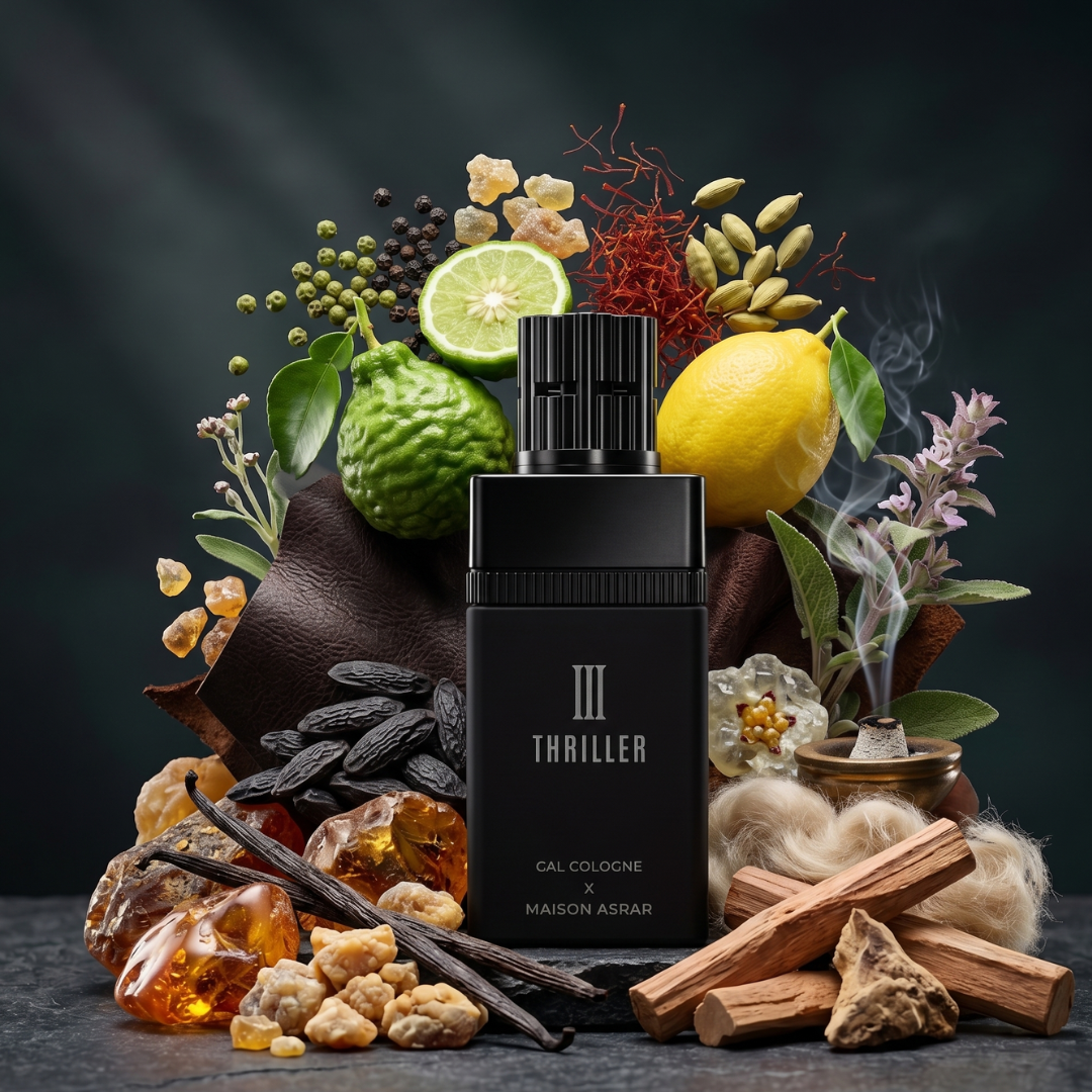 A black bottle of Thriller III 100ml EDP by Maison Asrar x Cal Cologne (Gulf Orchid) sits amid lime, lemon, vanilla beans, amber, woods, spices, herbs, and resin—a bold oriental-woody men's fragrance on a dark backdrop.