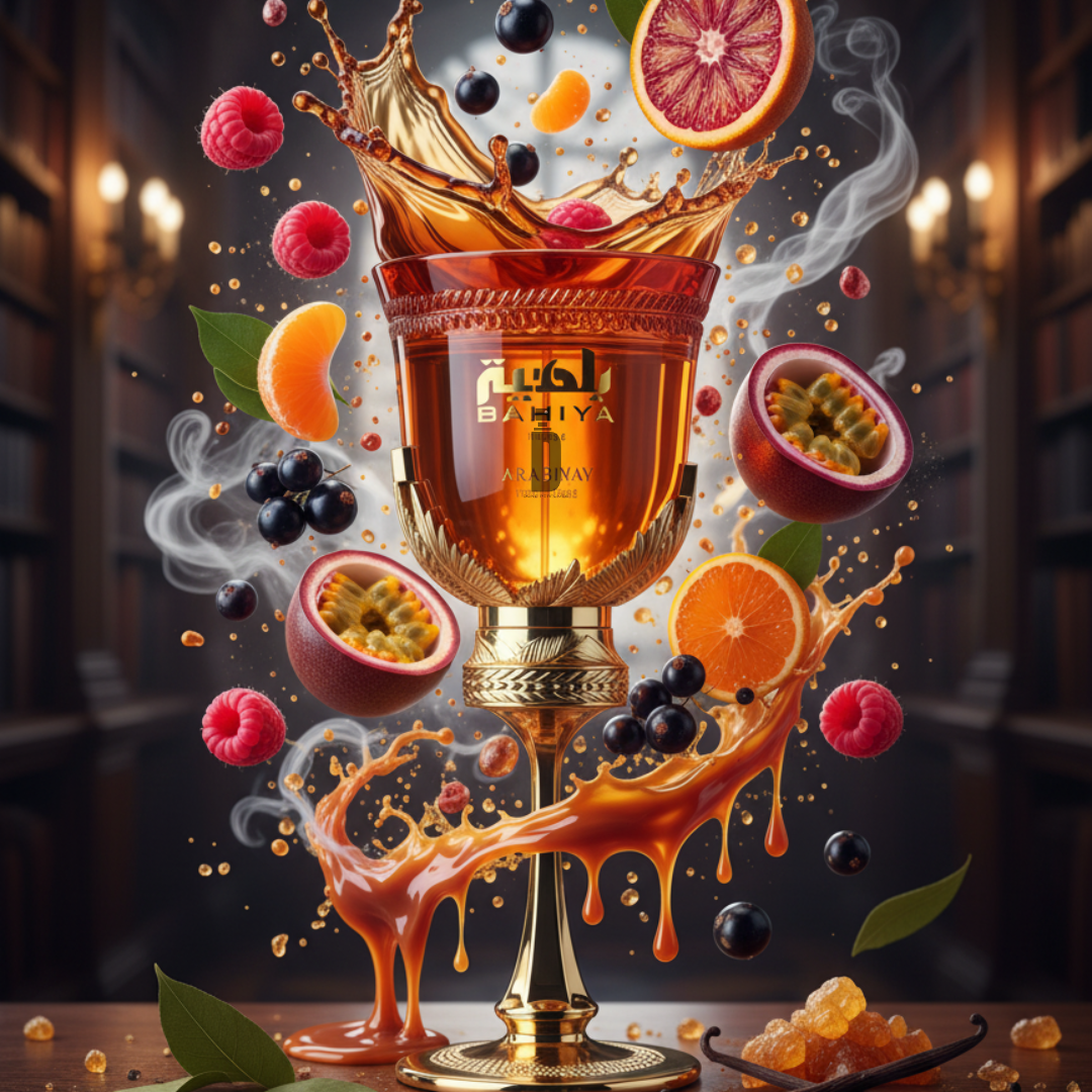 A golden glass of tea infused with passionfruit, blood orange, raspberries, and currants fills the dim library with honeyed steam—Bahiya Ruby 100ml EDP by Arabiyat Prestige captures this rich, gourmand scent in an elegant spray.