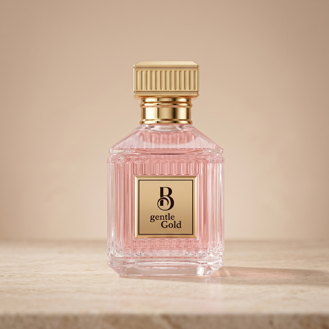 A clear glass bottle of B Gentle Gold 100ml EDP by Fragrance World, filled with pink liquid and topped with a gold cap, stands on beige marble, evoking the allure of a woody-amber fragrance.