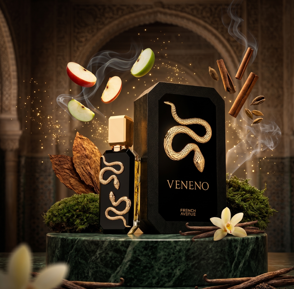 A luxurious Lattafa "Opulent Dubai 100ml EDP" bottle and box with gold accents rest on green marble, surrounded by apple slices, cinnamon sticks, vanilla flowers, and spices—evoking a fruity-woody fragrance in an opulent setting.