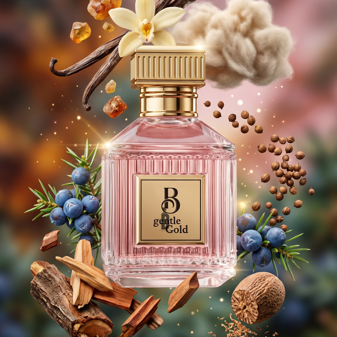 The luxurious B Gentle Gold 100ml EDP by Fragrance World features a woody-amber scent with notes of vanilla, cotton, amber, juniper berries, coriander seeds, sandalwood, and nutmeg.