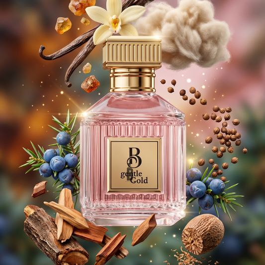 The luxurious B Gentle Gold 100ml EDP by Fragrance World features a woody-amber scent with notes of vanilla, cotton, amber, juniper berries, coriander seeds, sandalwood, and nutmeg.