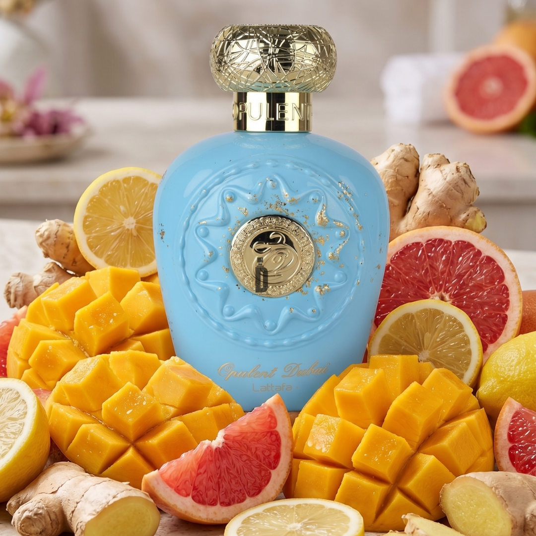 The blue Opulent Dubai 100ml EDP by Lattafa, with its gold cap, rests among sliced mangoes, lemons, grapefruits, and ginger—evoking its luxurious fruity-woody scent against a softly blurred kitchen backdrop.