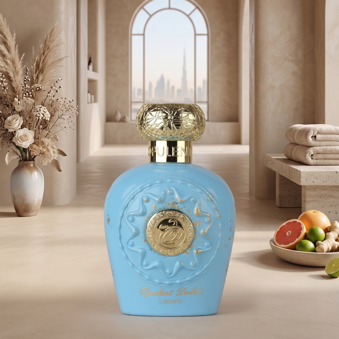 A blue Opulent Dubai 100ml EDP by Lattafa with gold accents sits on a table in a sunlit, elegant room with arched windows, dried florals, folded towels, and fresh citrus fruits in the background.