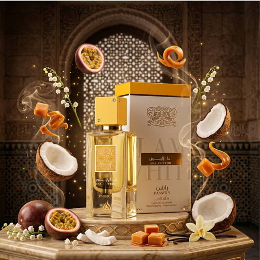 A 60ml Ana Abiyedh Passion EDP by Lattafa is displayed with floating coconuts, passion fruits, caramel squares, and vanilla flowers in a lavish Middle Eastern scene, showcasing its gourmand-fruity fragrance.