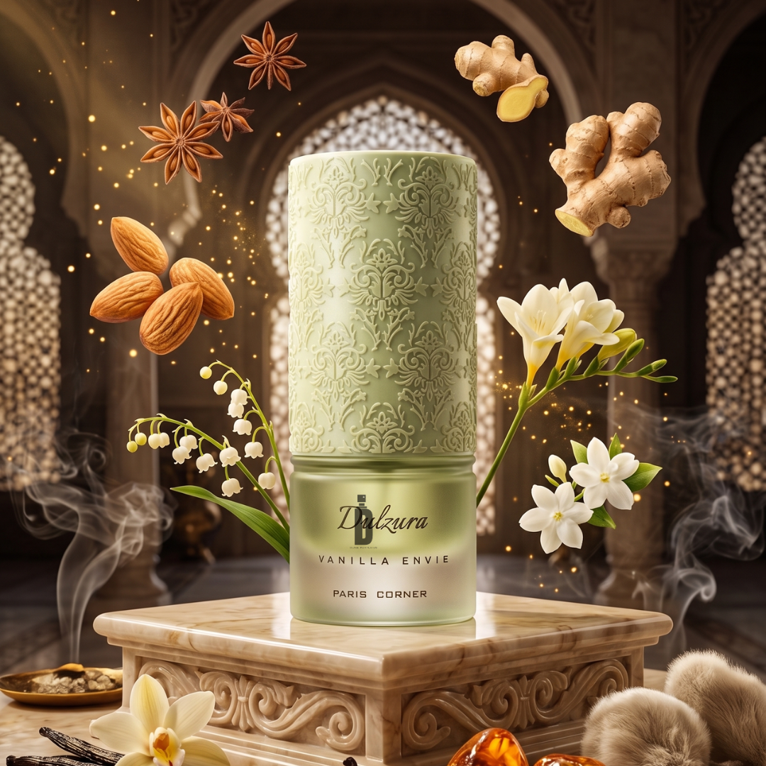 The Dulzura Vanilla Envie 100ml EDP by Paris Corner rests on a marble pedestal, accented by floating almonds, ginger, white flowers, and vanilla, set against an ornate arched backdrop for a luxurious touch.