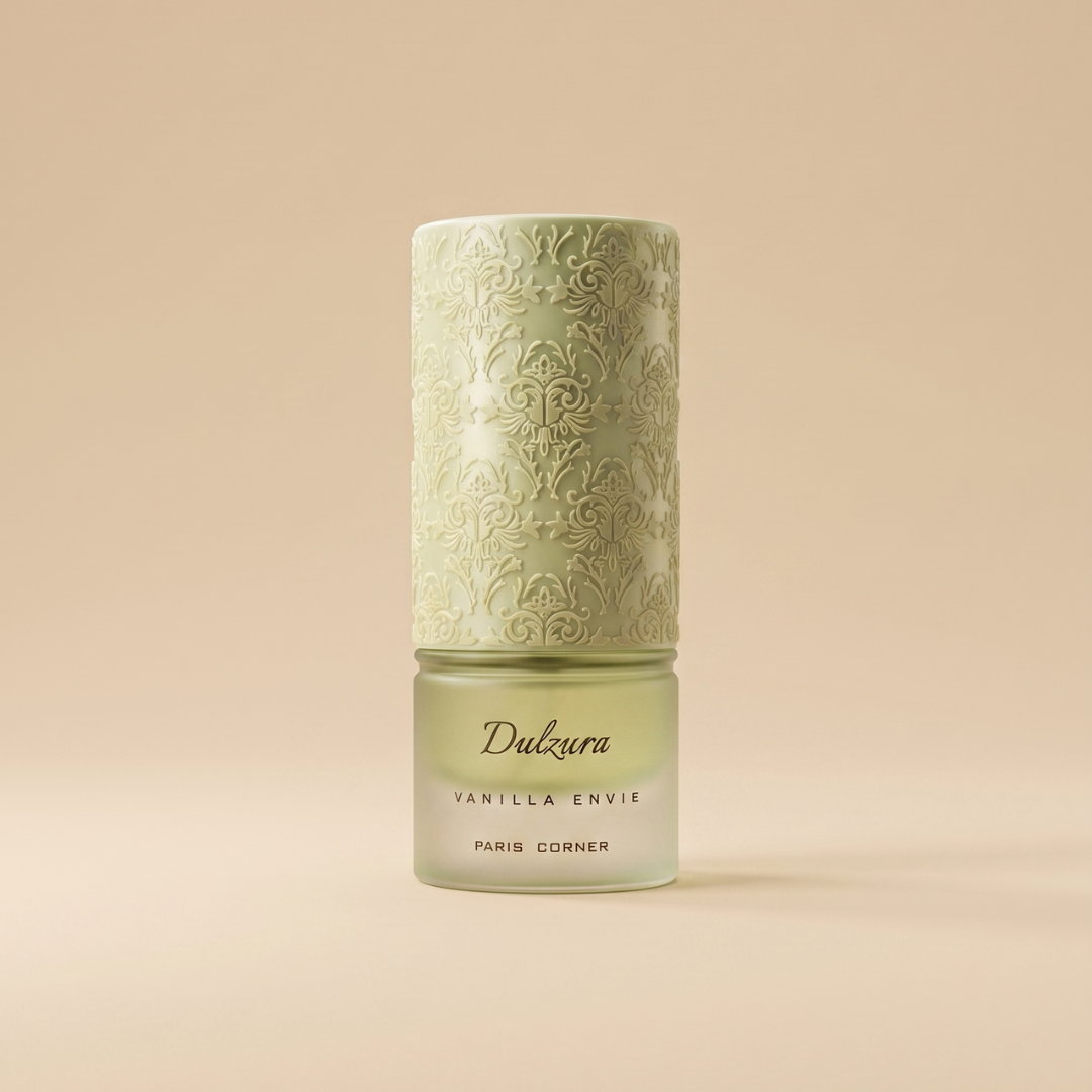 The "Dulzura Vanilla Envie 100ml EDP" by Paris Corner stands upright on a beige background, featuring an ornate embossed top and frosted glass base, elegantly accented with black lettering.
