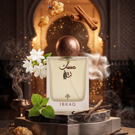 A bottle of Musk Luban 75ml by Ibrahim Al Qurashi is surrounded by jasmine, cinnamon, vanilla, mint, walnuts, and aromatic smoke—capturing the frankincense essence in a warmly lit Middle Eastern-inspired scene.
