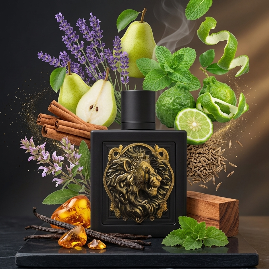 Rayhaan's Lion 100ml EDP features a black bottle with a gold lion emblem, surrounded by notes of pear, lime, lavender, vanilla, cinnamon, amber, and green leaves—delivering a woody spicy scent for bold men.