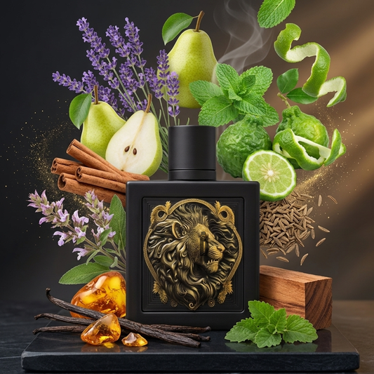 Rayhaan's Lion 100ml EDP features a black bottle with a gold lion emblem, surrounded by notes of pear, lime, lavender, vanilla, cinnamon, amber, and green leaves—delivering a woody spicy scent for bold men.
