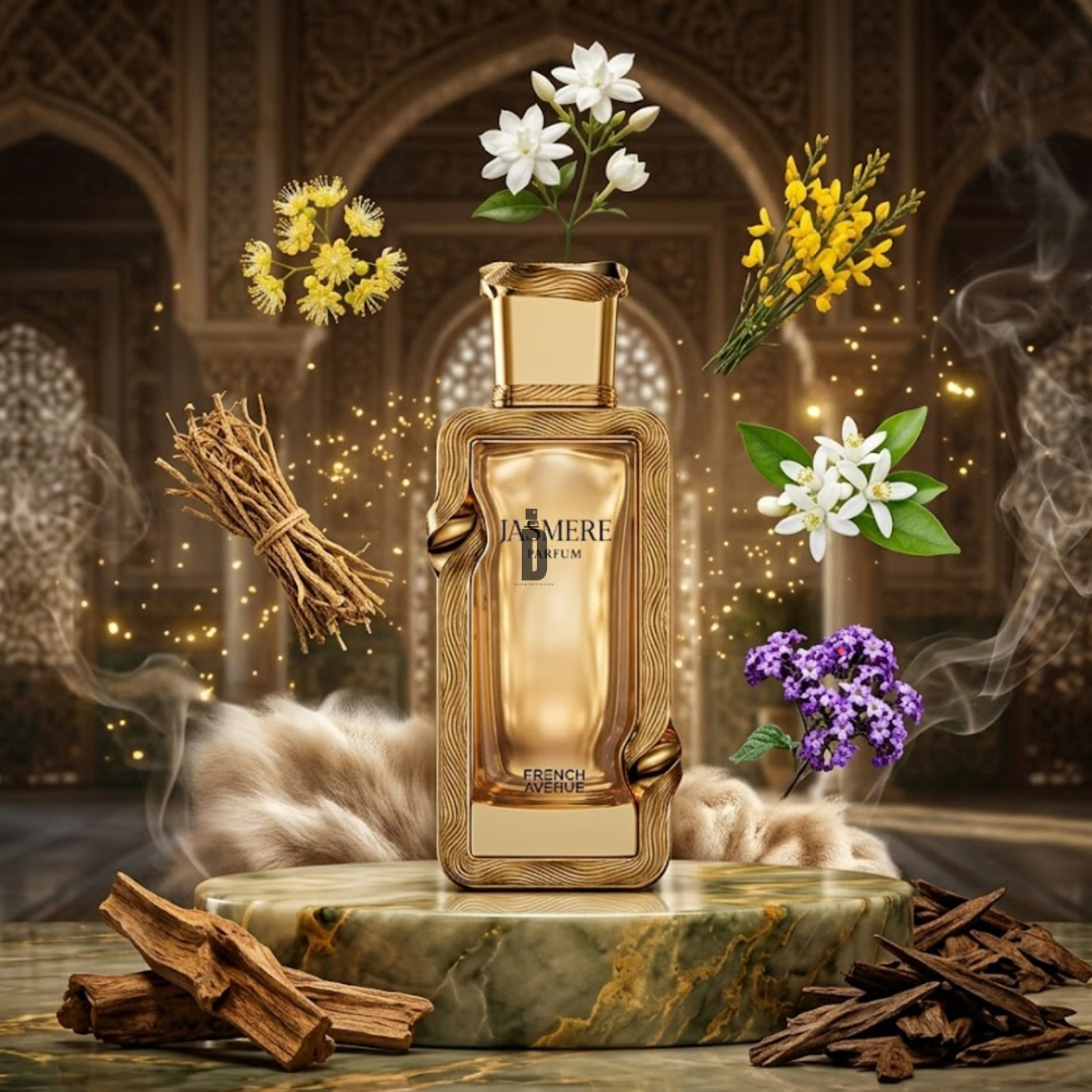 The Jasmere 100ml EDP by Fragrance World features a gold bottle on marble, with jasmine sambac and herbal notes, delicate smoke, and an elegant setting that reflects its sophisticated floral fragrance.