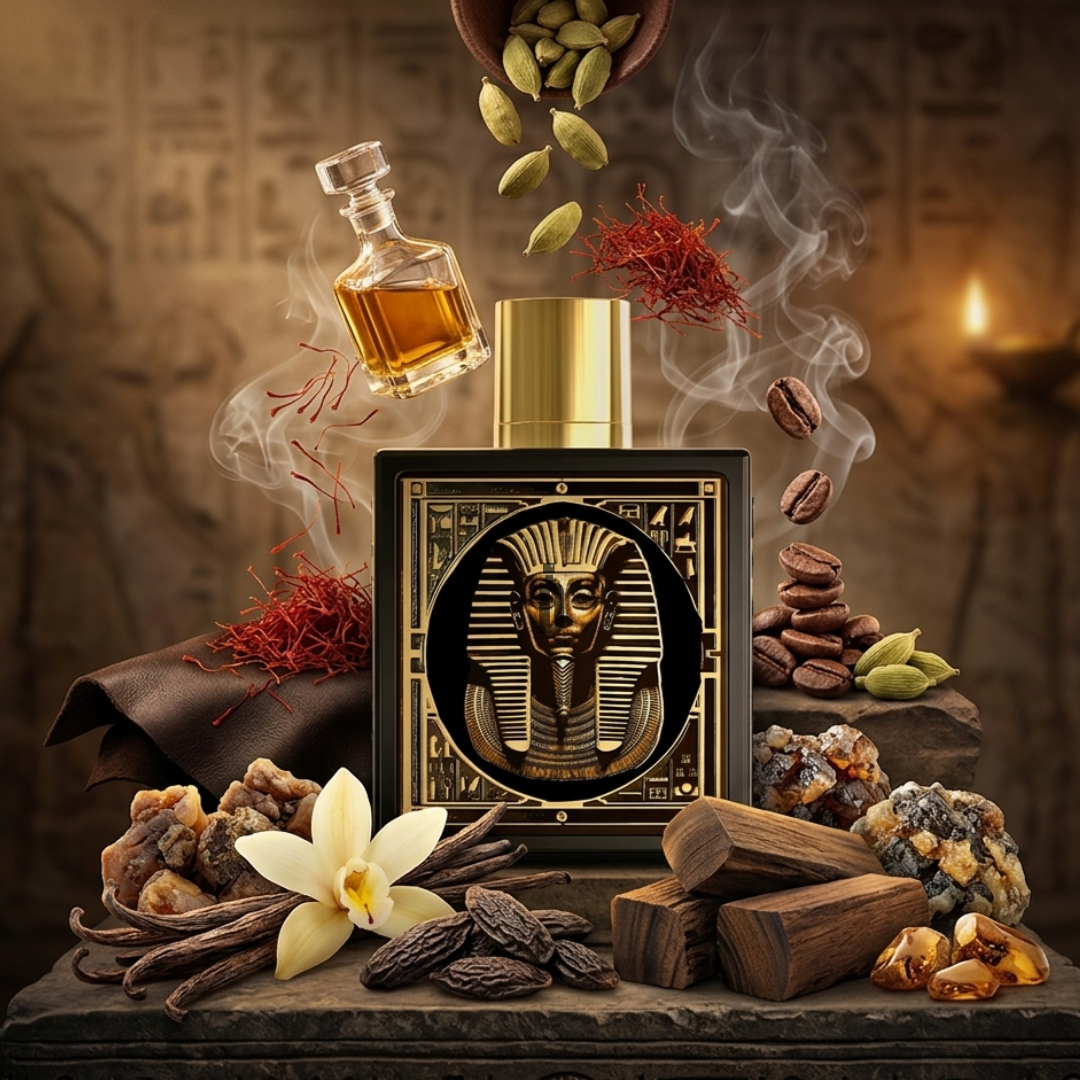 The Pharaoh 100ml EDP by Rayhaan features a golden pharaoh-themed bottle, surrounded by vanilla flowers, cardamom, saffron, coffee beans, wood, incense, and spices—evoking an oriental scent with ancient Egyptian inspiration.