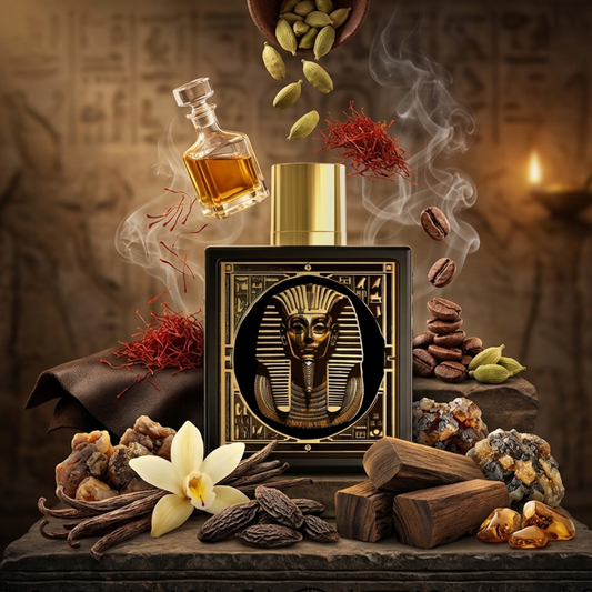 The Pharaoh 100ml EDP by Rayhaan features a golden pharaoh-themed bottle, surrounded by vanilla flowers, cardamom, saffron, coffee beans, wood, incense, and spices—evoking an oriental scent with ancient Egyptian inspiration.