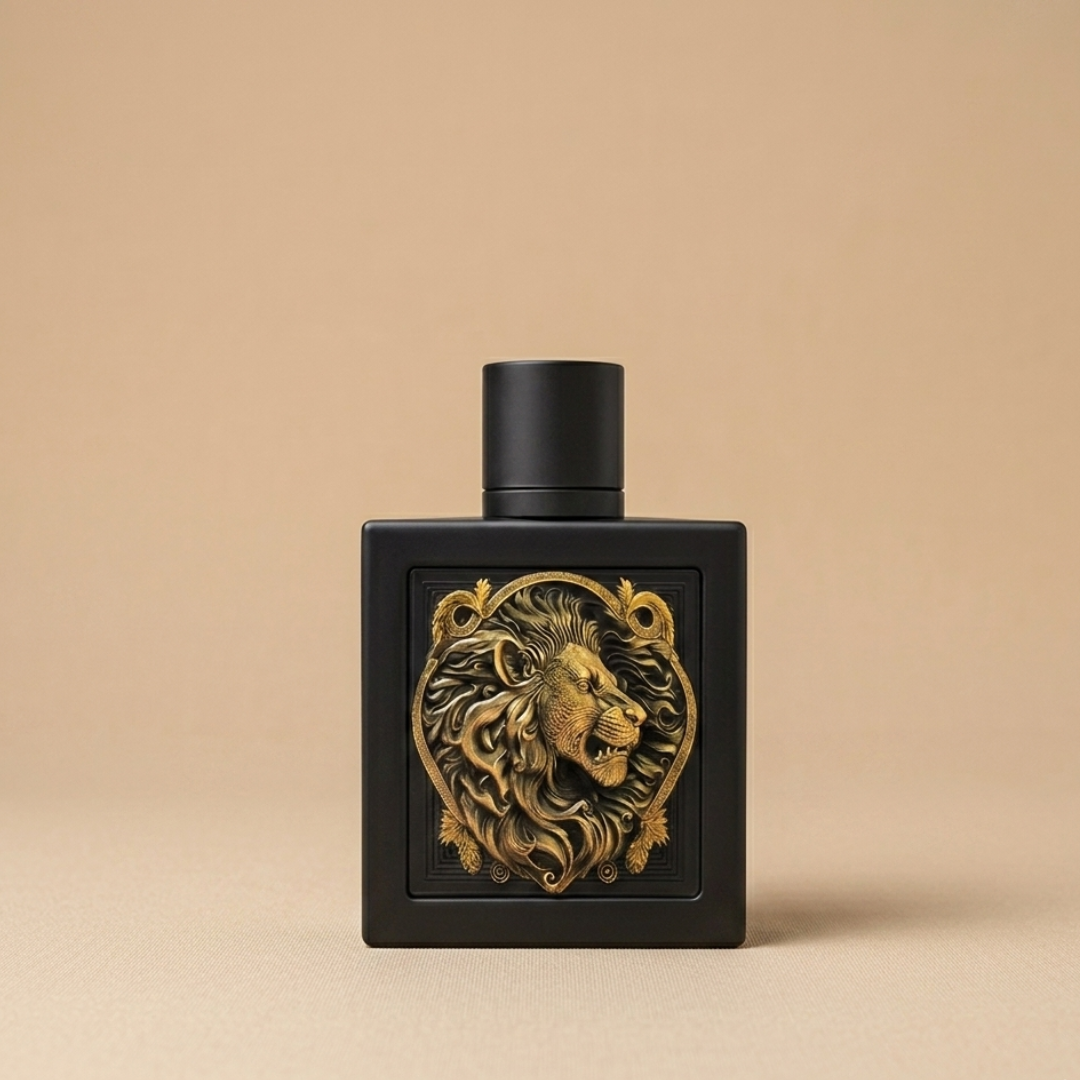 The Rayhaan Lion 100ml EDP features a black bottle with a gold, ornate lion's head on the front, set against a beige background, reflecting the bold character of its signature woody spicy fragrance.