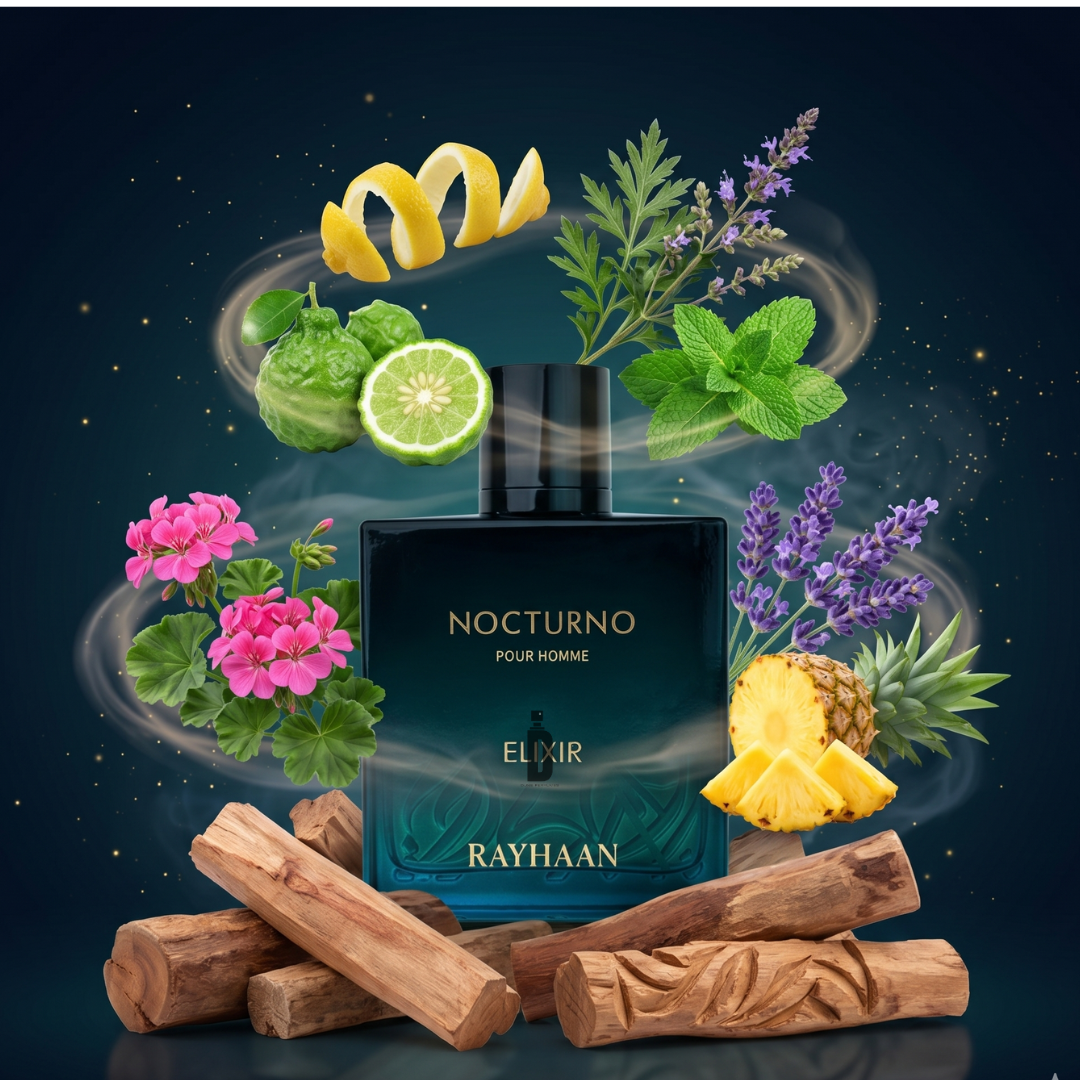 Nocturno Elixir 100ml EDP by Rayhaan sits amid swirling citrus peels, bergamot, mint, lavender, geranium, pineapple, and sandalwood—an aromatic men’s fragrance with fresh woody notes showcased against a dark backdrop.