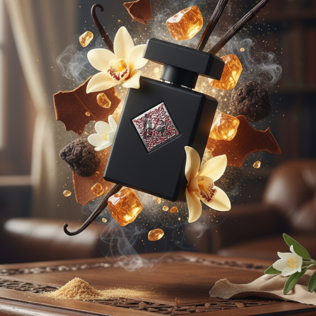 A black bottle of Absolute Aphrodisiac 90ml EDP by Initio Parfums Prives floats among vanilla flowers, amber crystals, chocolate, and vanilla beans, evoking a seductive amber fragrance in a warmly lit, cozy room with a wooden table below.