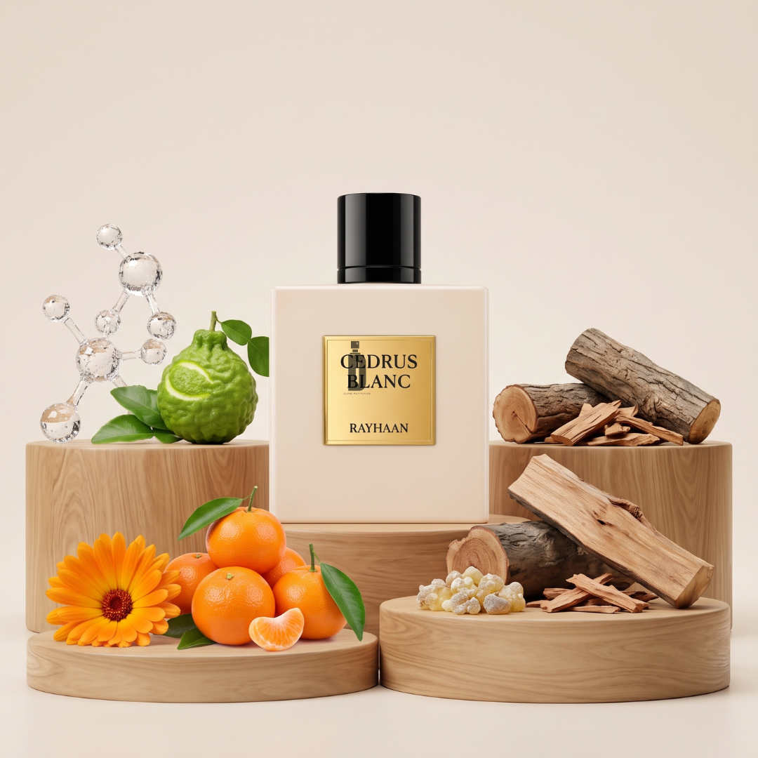 A bottle of Rayhaan Cedrus Blanc 100ml EDP stands surrounded by oranges, green citrus fruits, yellow blossoms, wood, resin, and a molecular model—all thoughtfully arranged on wooden platforms. The composition evokes the fragrance’s fresh elegance with sparkling bergamot notes and hints of cedarwood.