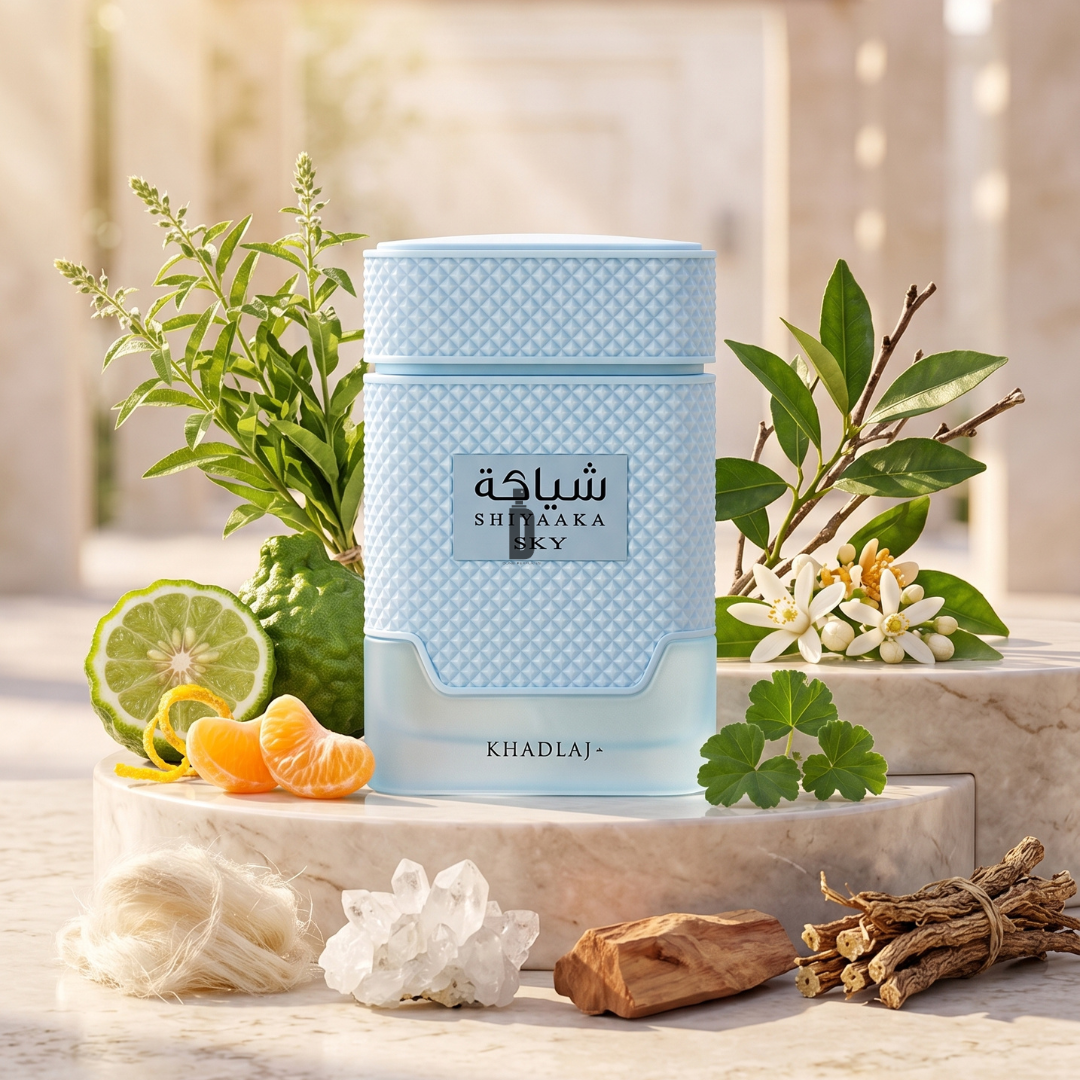 A blue perfume bottle labeled “Shiyaaka Sky,” a 100ml Eau de Parfum by Khadlaj, rests among fresh citrus fruits, green leaves, white flowers, wood pieces, and crystals on a marble surface bathed in natural sunlight.