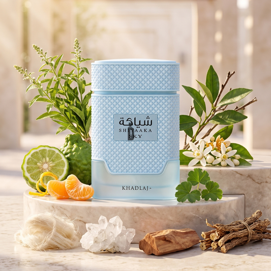 A blue perfume bottle labeled “Shiyaaka Sky,” a 100ml Eau de Parfum by Khadlaj, rests among fresh citrus fruits, green leaves, white flowers, wood pieces, and crystals on a marble surface bathed in natural sunlight.