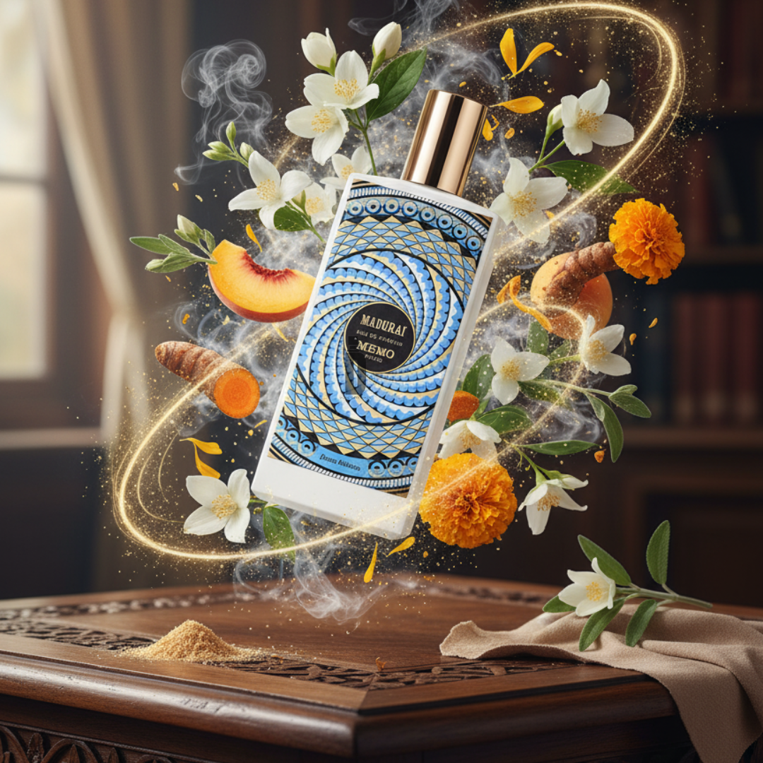 The Madurai 75ml EDP by Memo Paris rests elegantly on carved wood, adorned with a blue and gold pattern and surrounded by marigolds, jasmine notes, peach slices, and turmeric roots, creating an exotic floral fragrance.