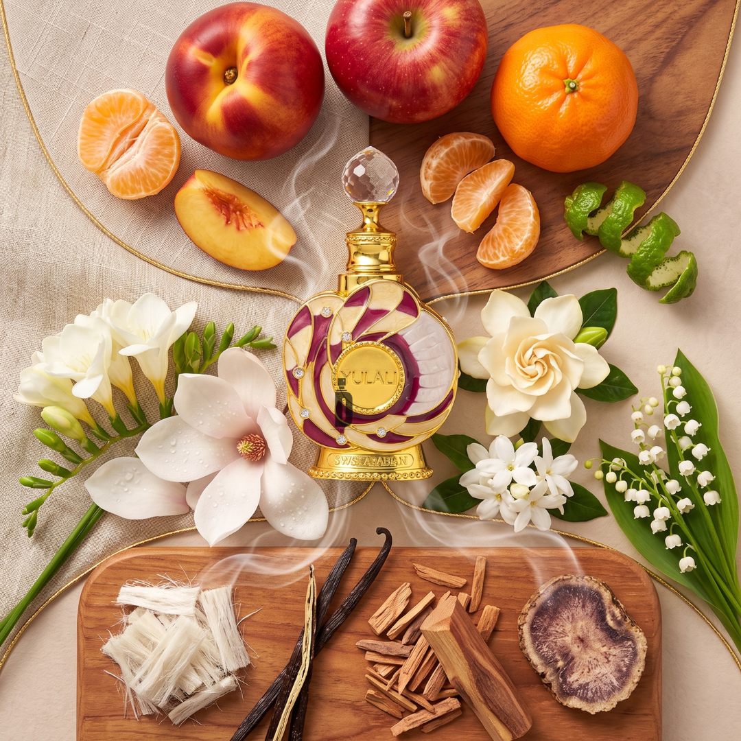 A 15ml bottle of Swiss Arabian Yulali Perfume Oil is displayed on wooden boards, surrounded by fresh apples, peaches, tangerines, white flowers, greenery, wood shavings, vanilla pods, and a mushroom to evoke the natural fragrance notes of this Swiss Arabian scent.