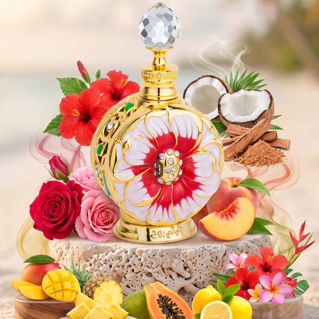 A beautifully designed Layali Rouge 15ml Perfume Oil by Swiss Arabian is artfully displayed amid hibiscus, roses, coconut, peaches, pineapples, and lush tropical leaves, set before a softly blurred beachscape—capturing the vibrant spirit of an exotic paradise. Inspired by the luxurious essence of Swiss Arabian’s signature fragrance notes, this scene embodies the captivating allure of Layali Rouge in every drop.