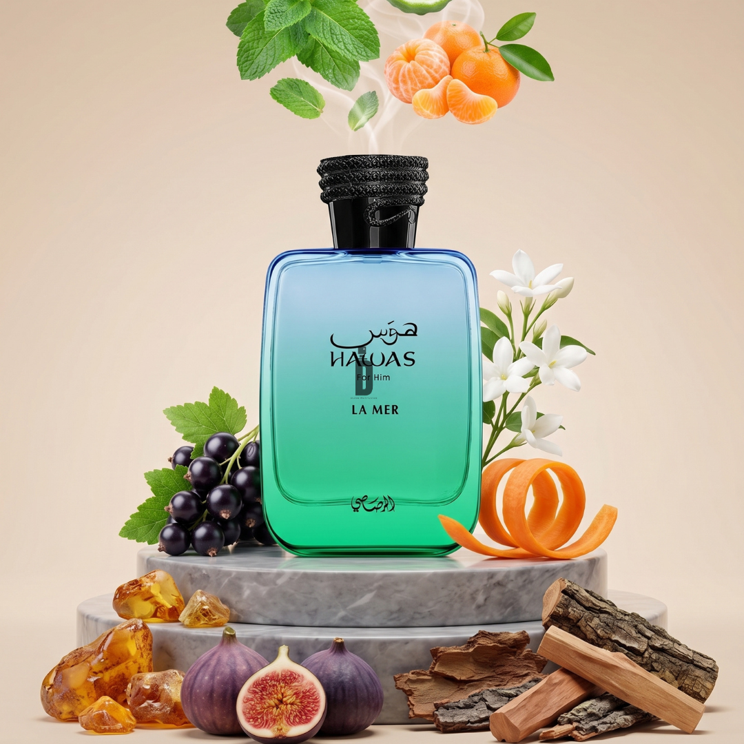 A green-to-blue Hawas La Mer 100ml EDP by Rasasi stands on a marble platform, surrounded by figs, amber, sandalwood, blackcurrants, orange peel, jasmine, mint, and tangerine. Floating fruits and flowers highlight its fragrance notes—capturing the fresh essence of this Rasasi perfume.